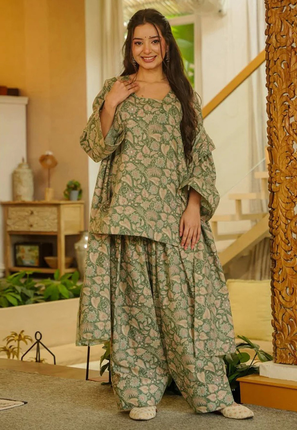 Green Cotton Silk Readymade Patiala Suit 326348