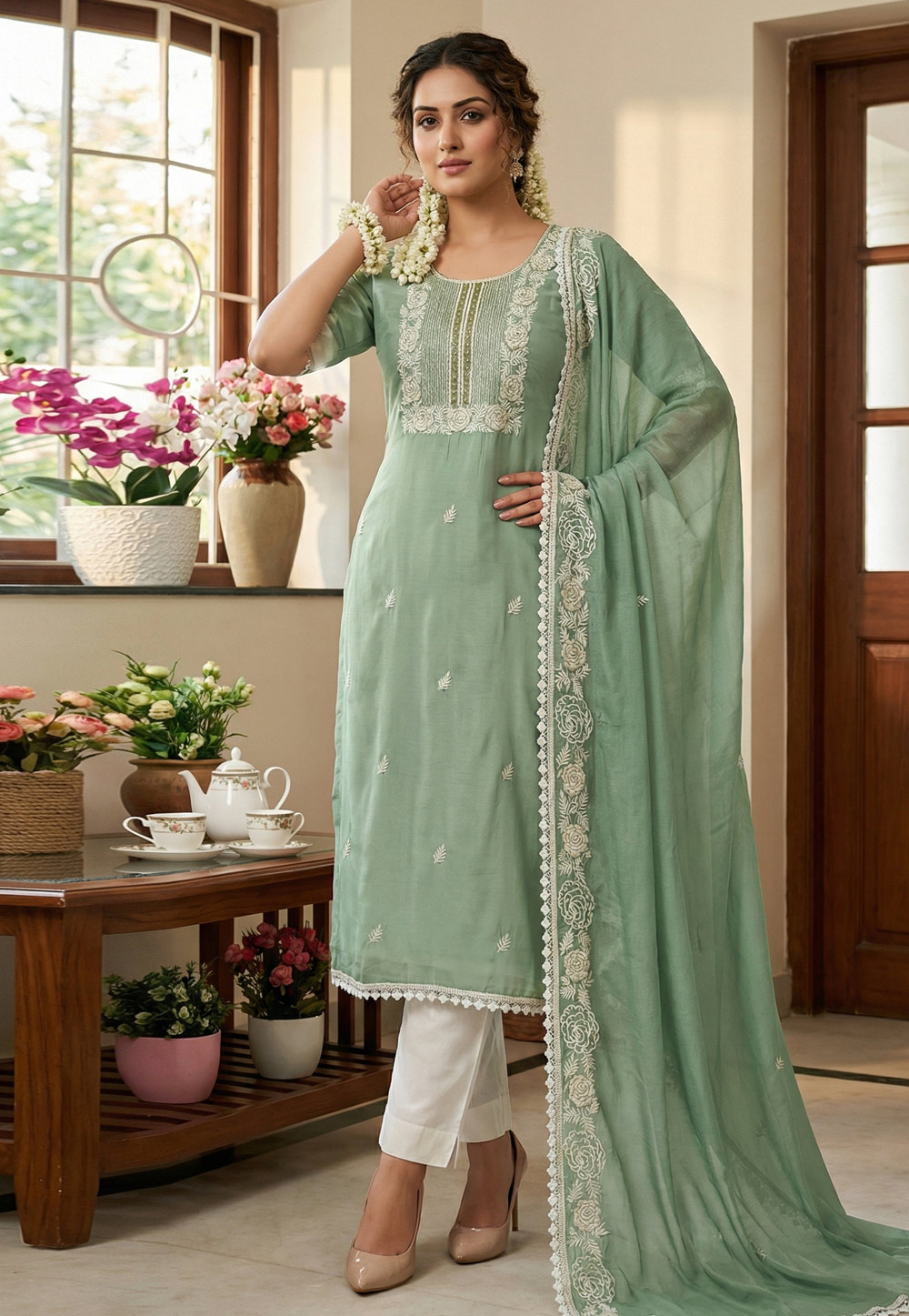Green Cotton Straight Suit 327319