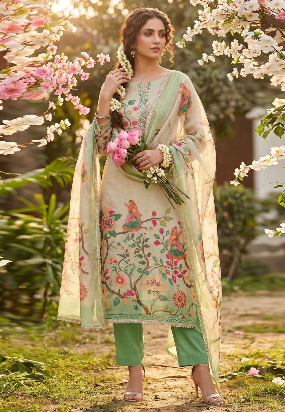 Green Cotton Straight Suit 327469