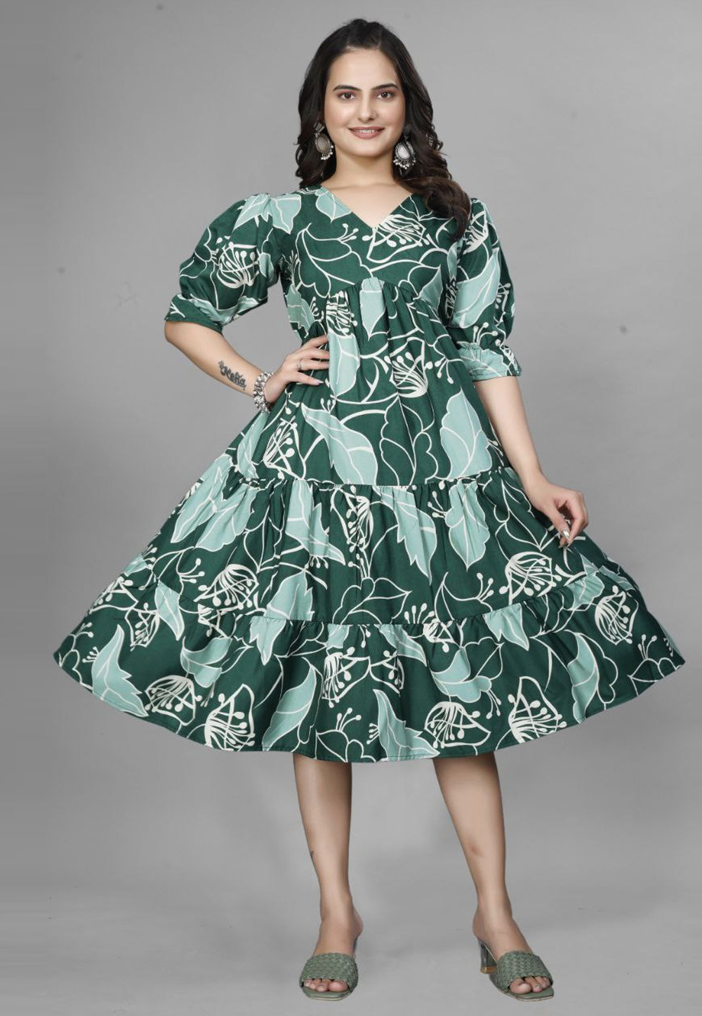Green Crepe Printed Gown 308176
