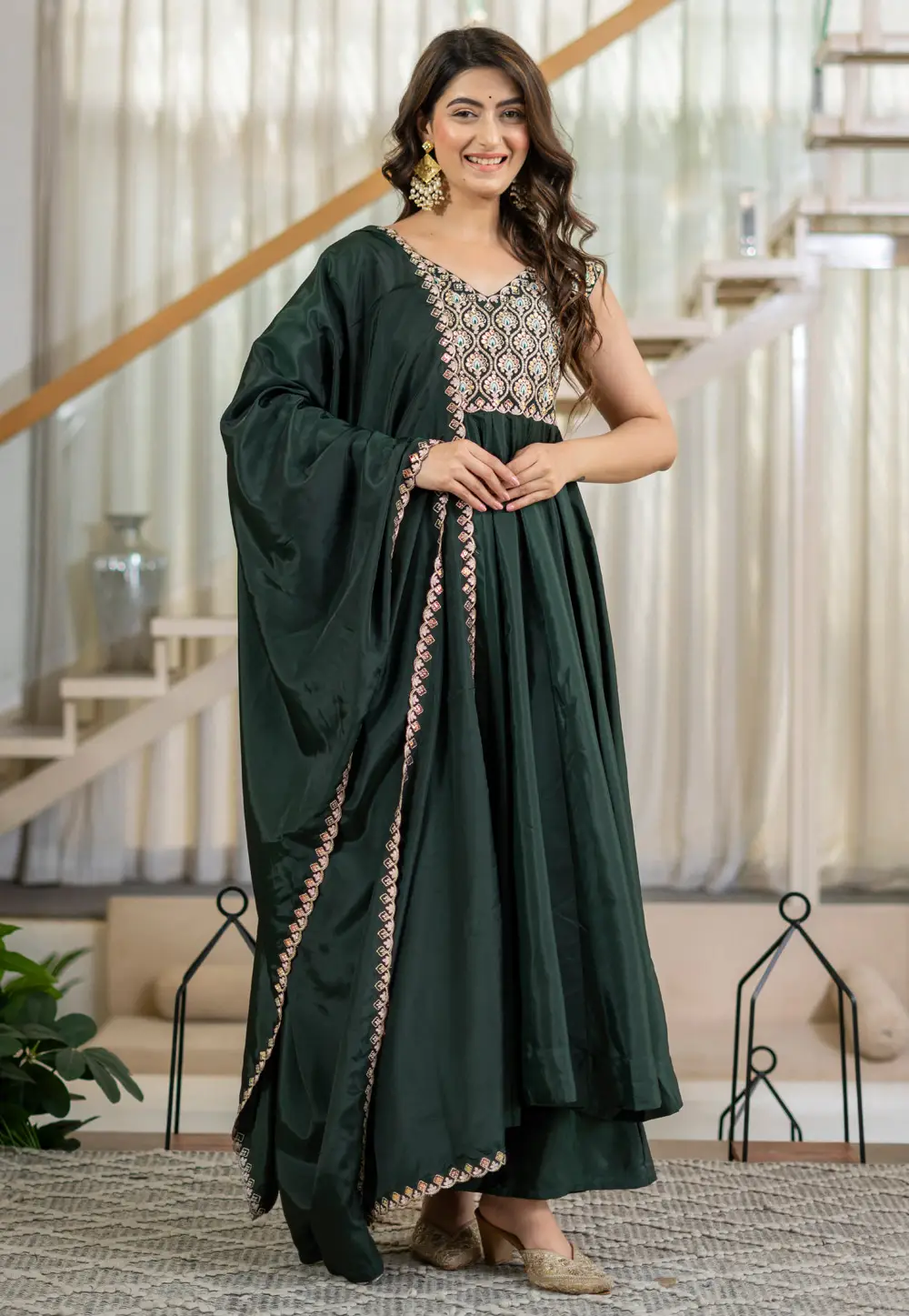Green Crepe Readymade Anarkali Suit 336658