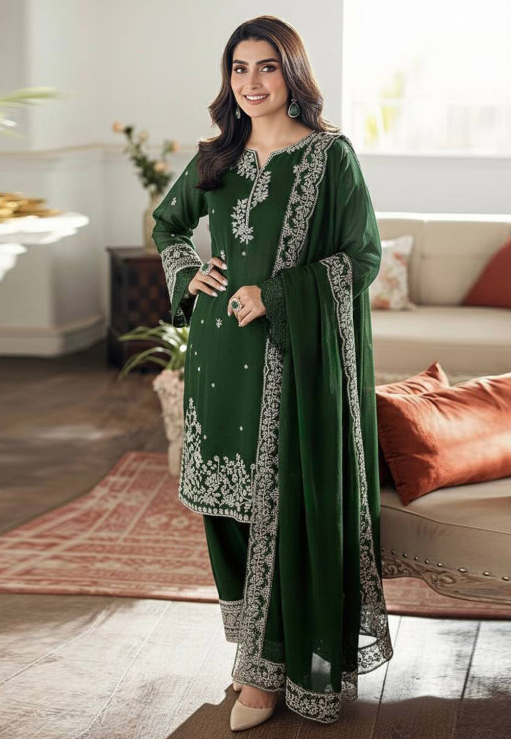 Green Crepe Readymade Palazzo Suit 323467