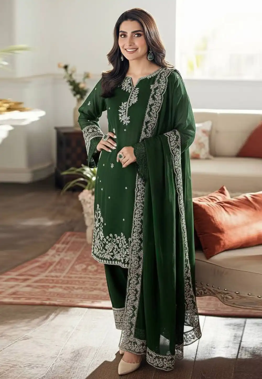 Green Crepe Readymade Palazzo Suit 323467