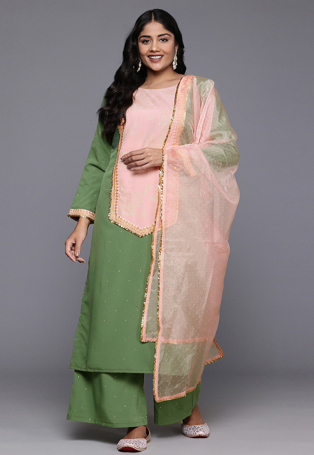 Green Crepe Readymade Palazzo Suit 308899