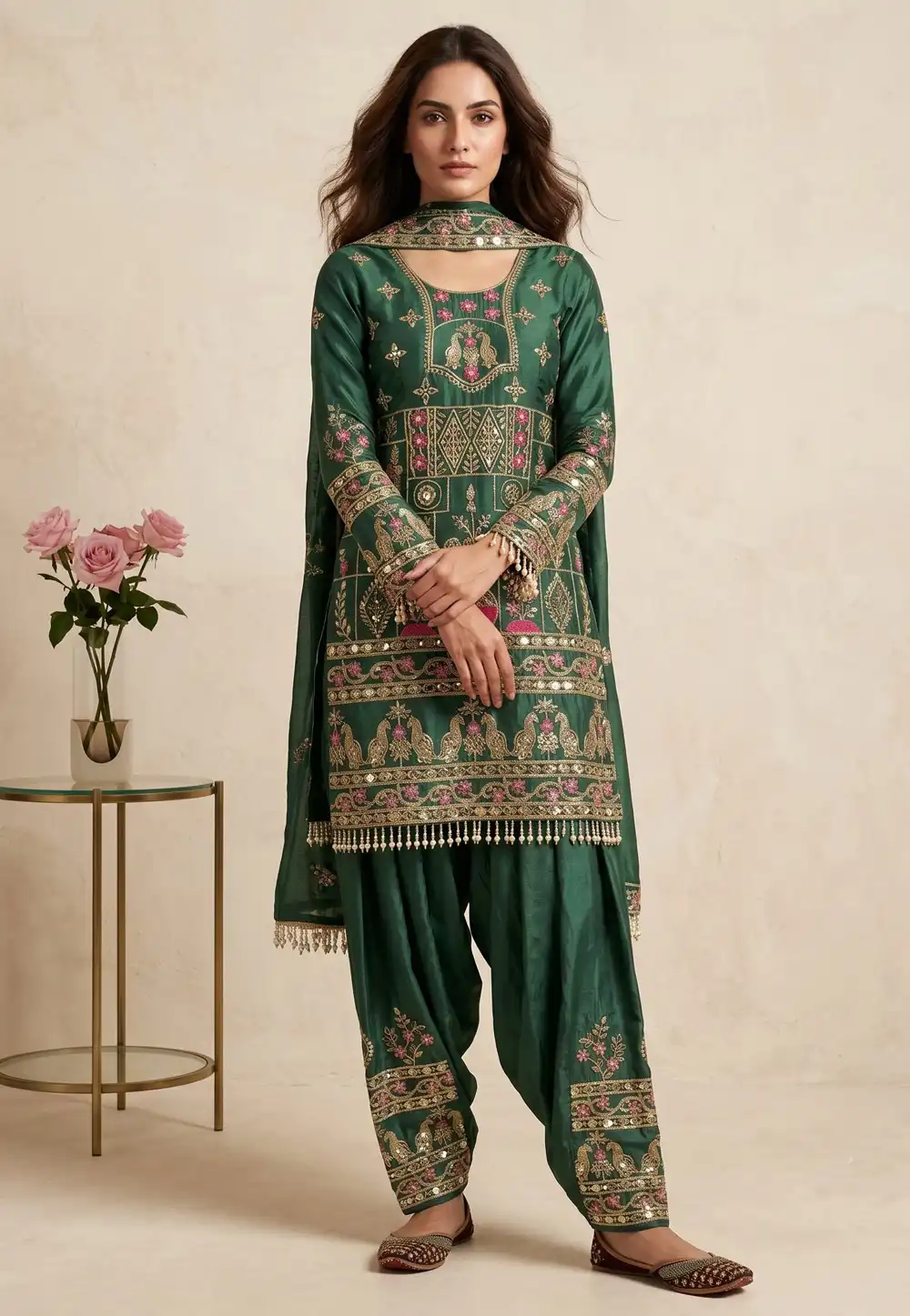 Green Crepe Readymade Punjabi Suit 330692