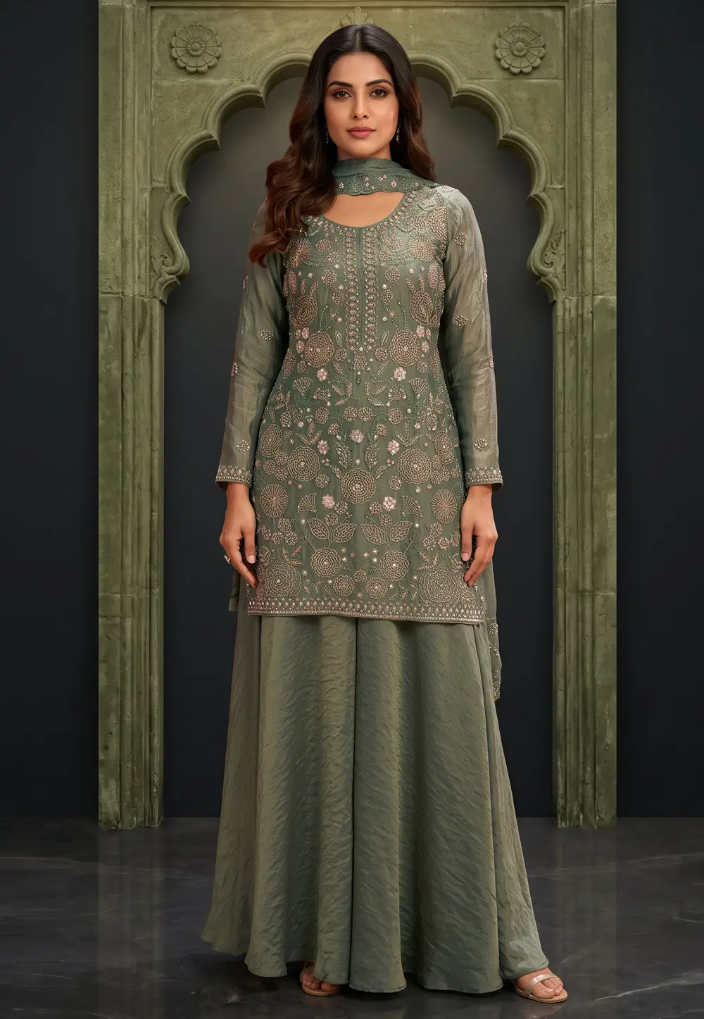 Green Crepe Satin Readymade Palazzo Suit 334234