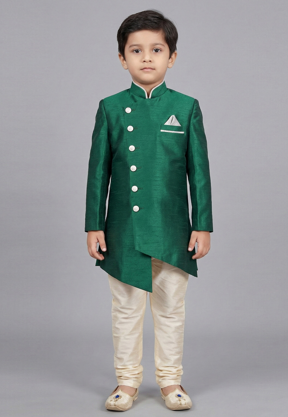 Green Dupion Kids Indo Western Suit 323150