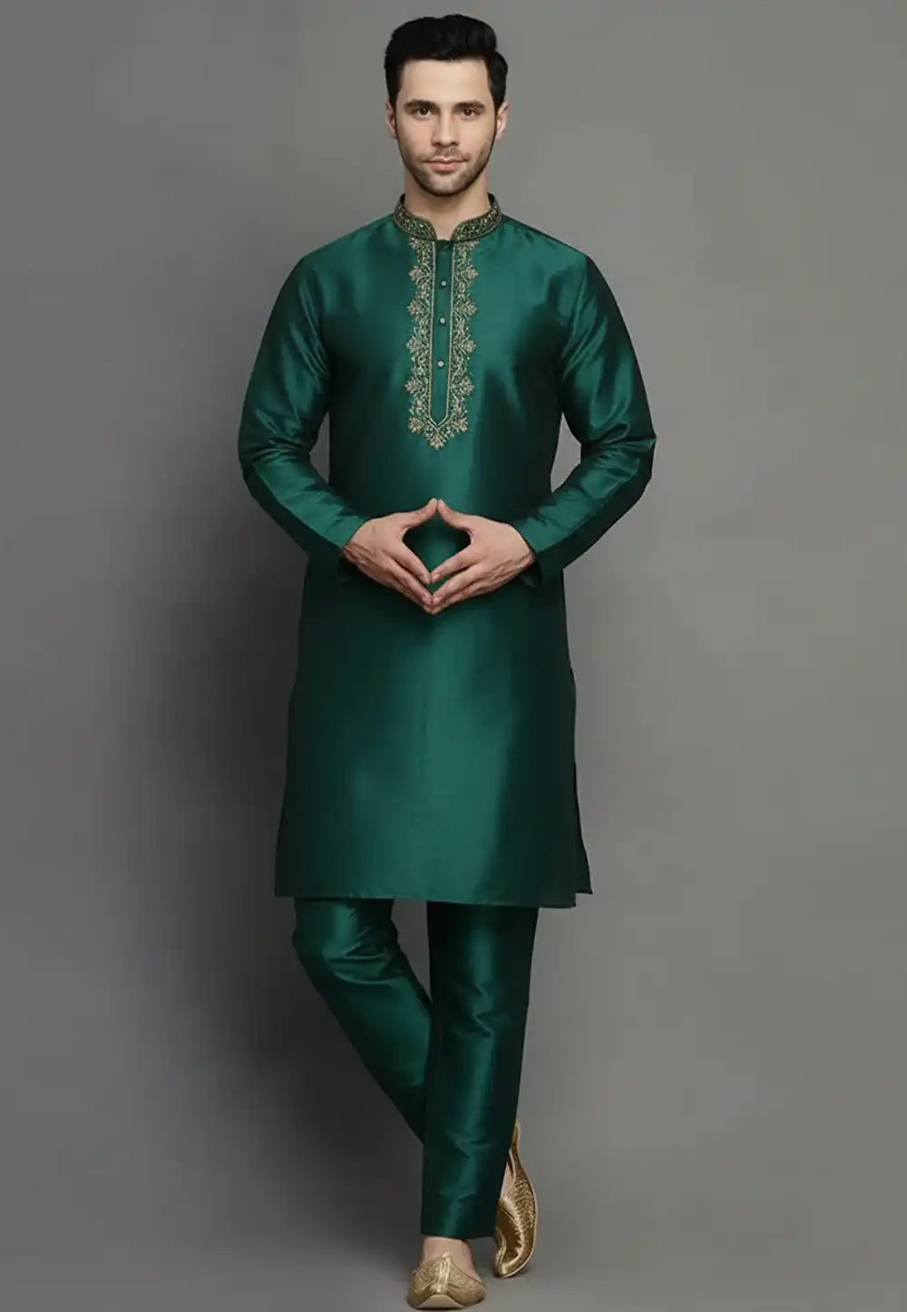 Green Dupion Kurta Pajama 319975