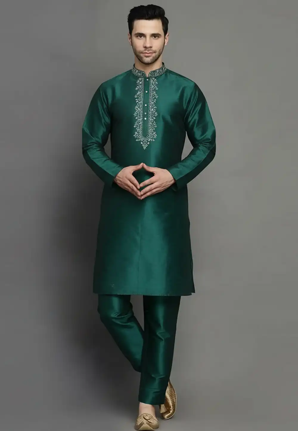 Green Dupion Kurta Pajama 319976