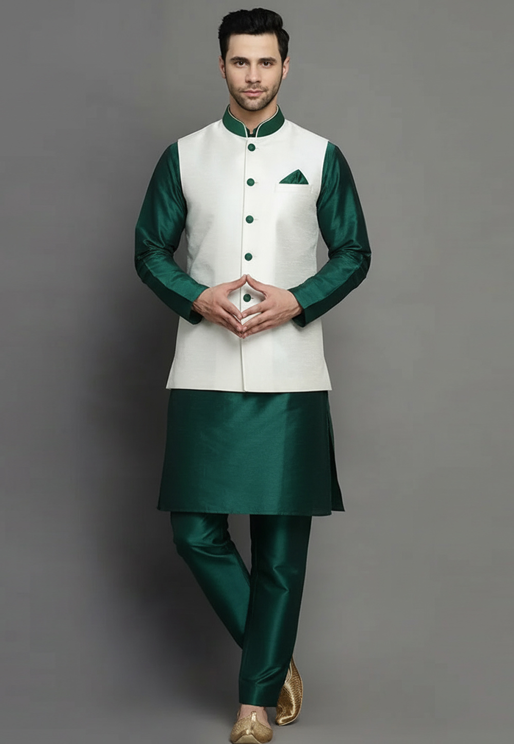 Green Dupion Kurta Pajama With Jacket 319978