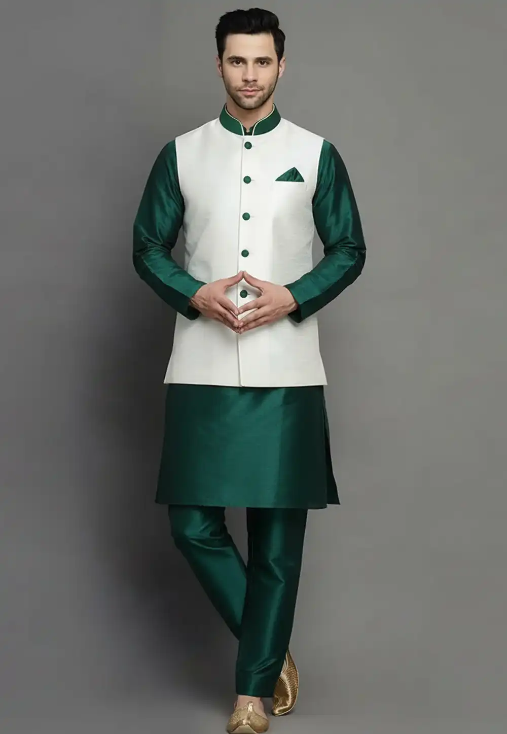Green Dupion Kurta Pajama With Jacket 319978