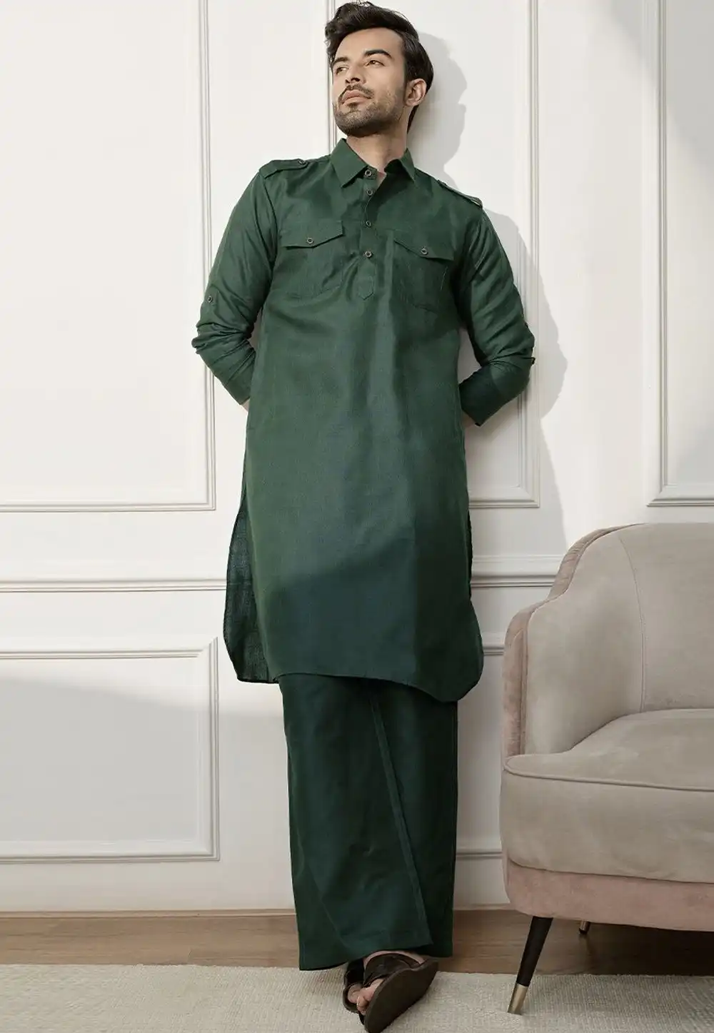Green Dupion Pathani Suit 314237