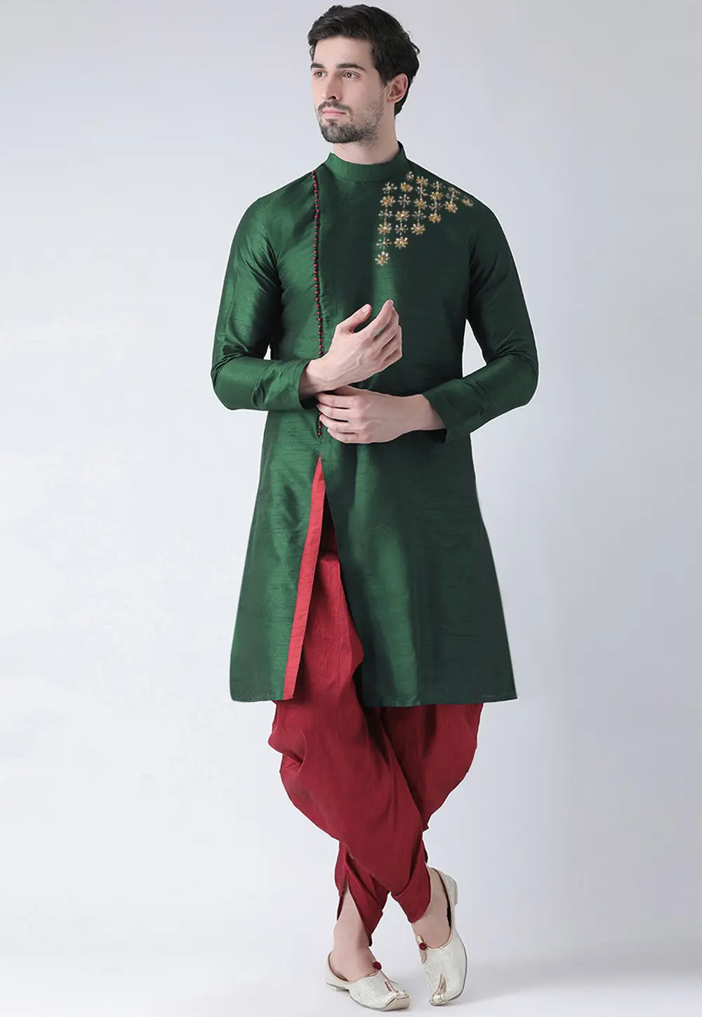 Green Dupion Silk Dhoti Kurta 304464
