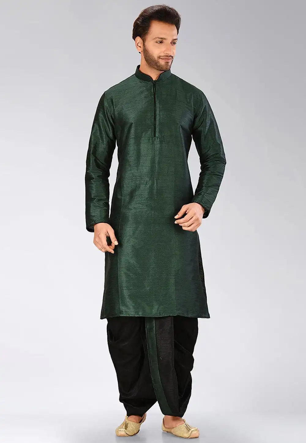Green Dupion Silk Dhoti Kurta 330453