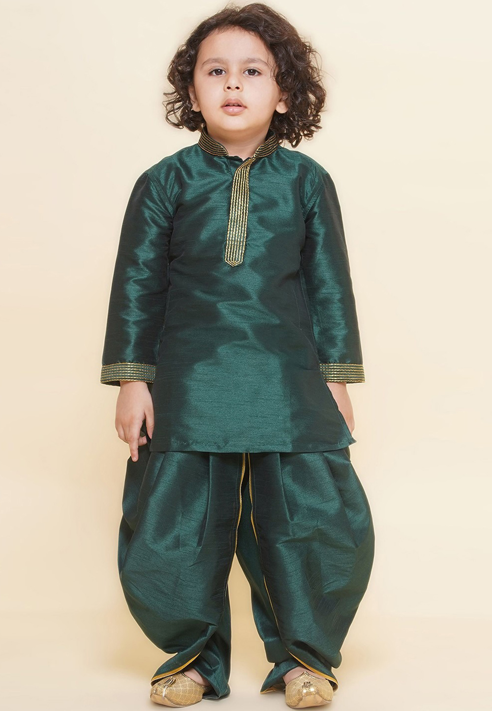 Green Dupion Silk Kids Dhoti Kurta 312085