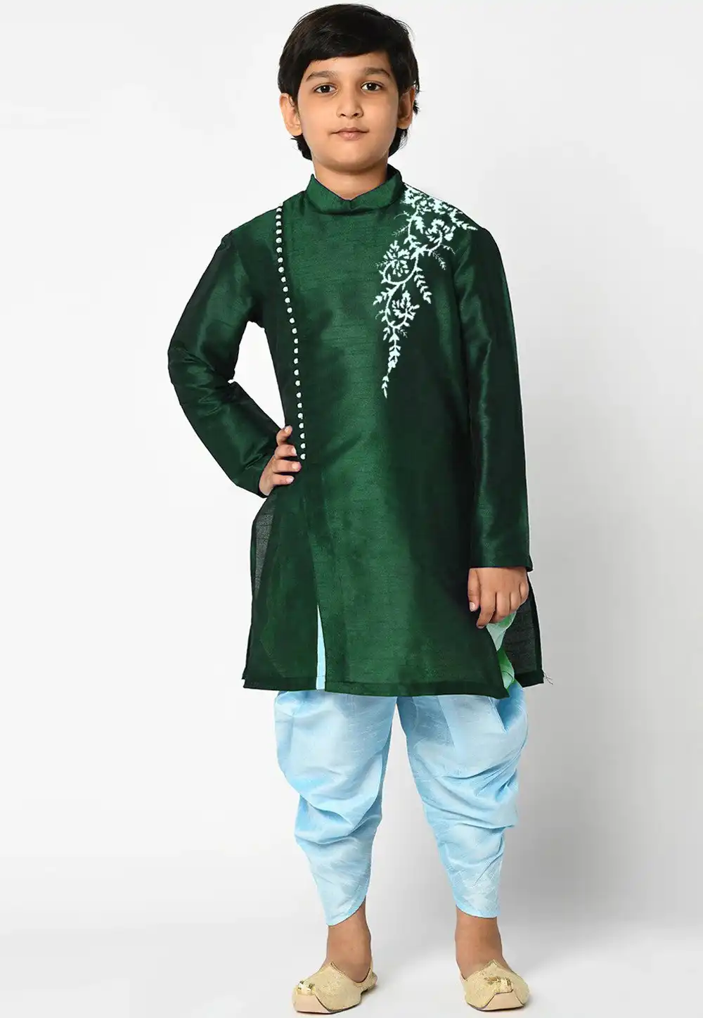 Green Dupion Silk Kids Dhoti Kurta 316870