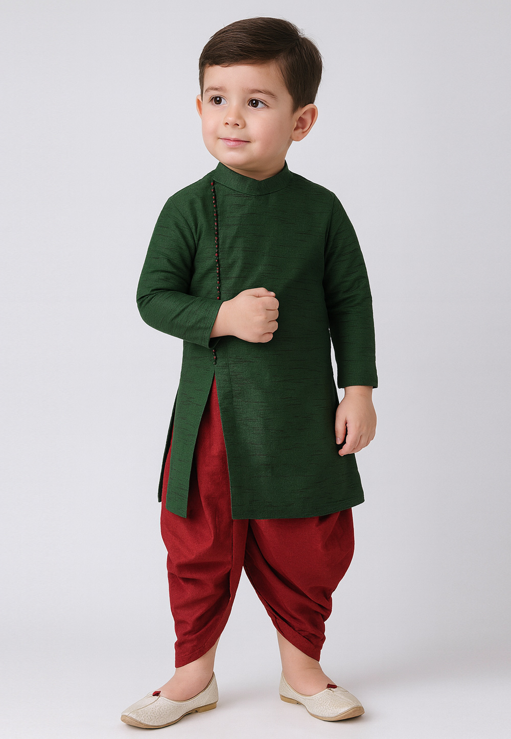 Green Dupion Silk Kids Dhoti Kurta 320575
