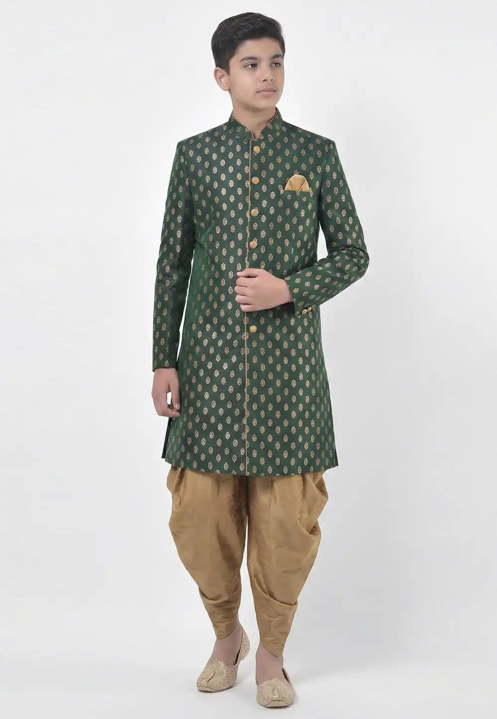 Green Dupion Silk Kids Indo Western Suit 325375