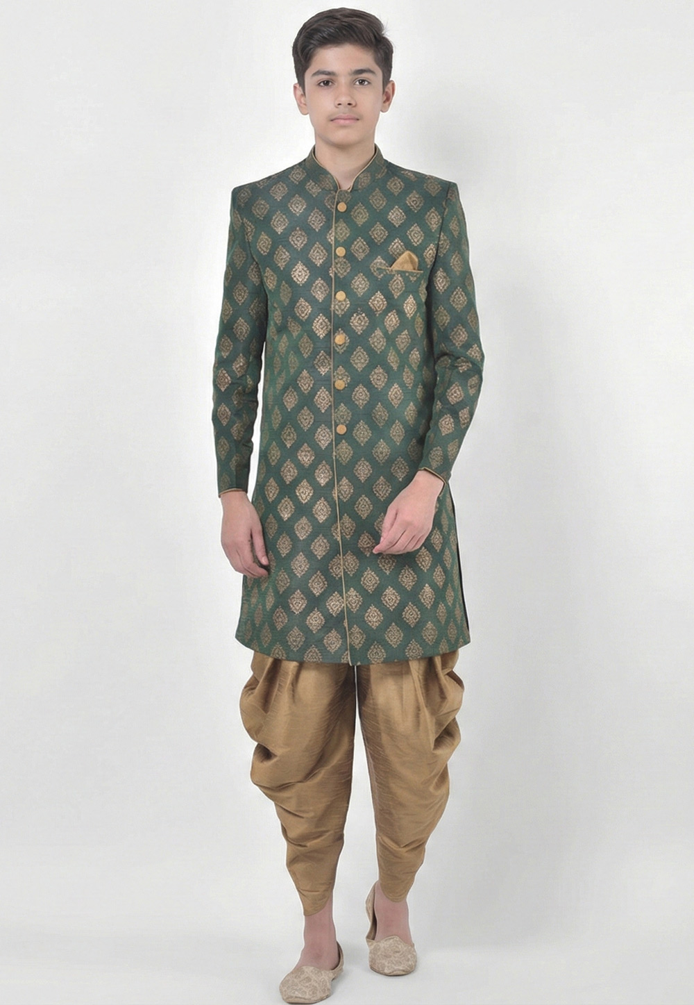 Green Dupion Silk Kids Indo Western Suit 325376