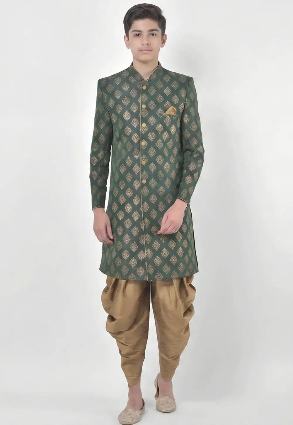 Green Dupion Silk Kids Indo Western Suit 325376
