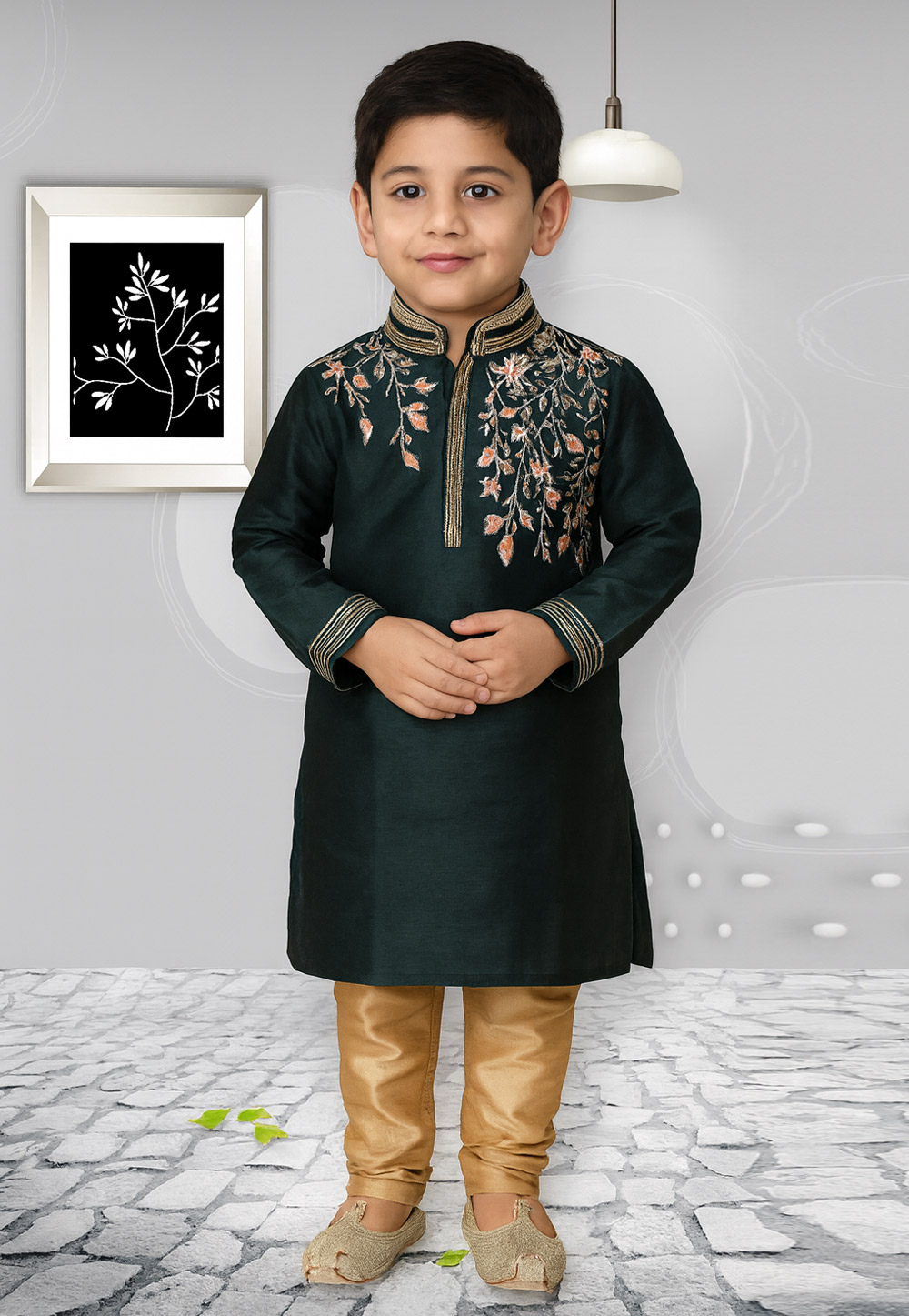 Green Dupion Silk Kids Kurta Pajama 320828