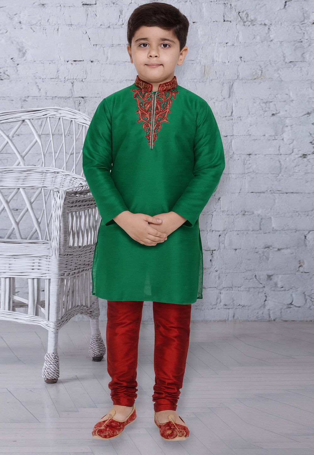 Green Dupion Silk Kids Kurta Pajama 320832