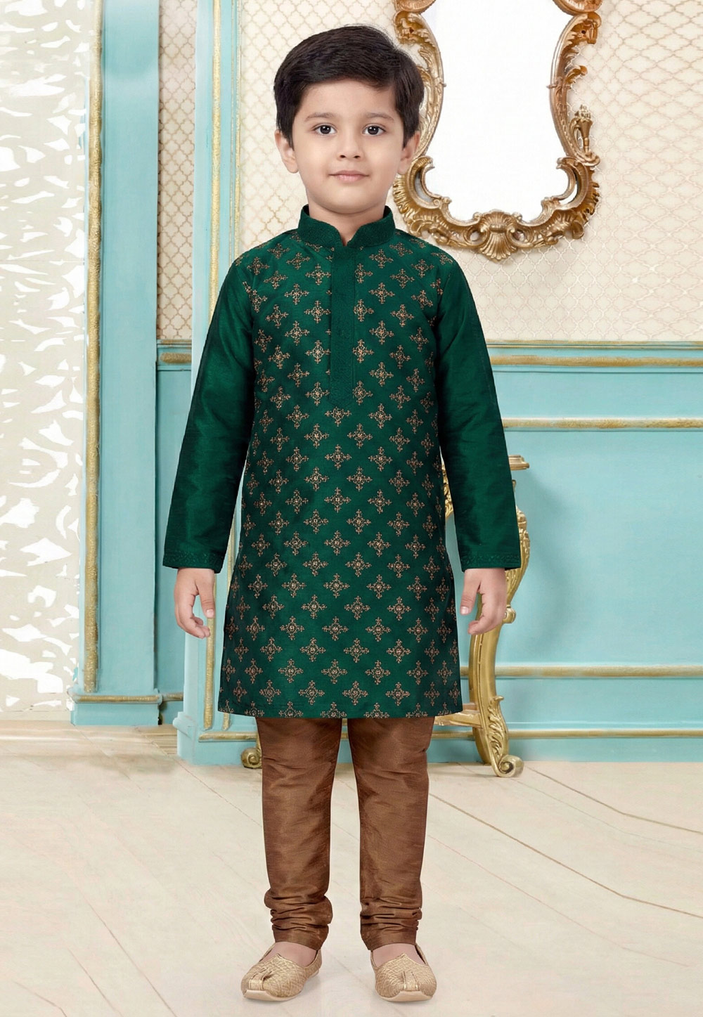 Green Dupion Silk Kids Kurta Pajama 323159