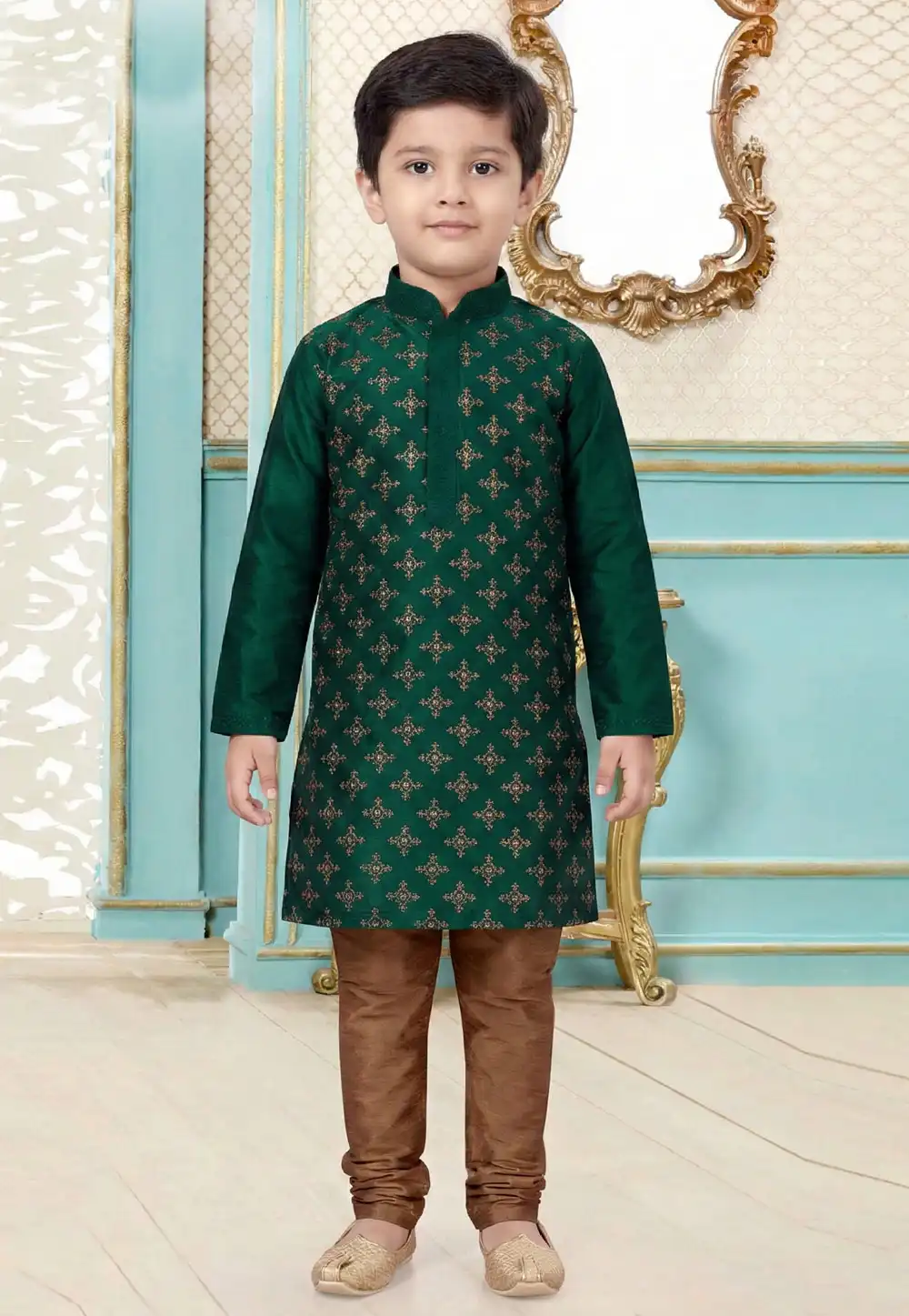 Green Dupion Silk Kids Kurta Pajama 323159