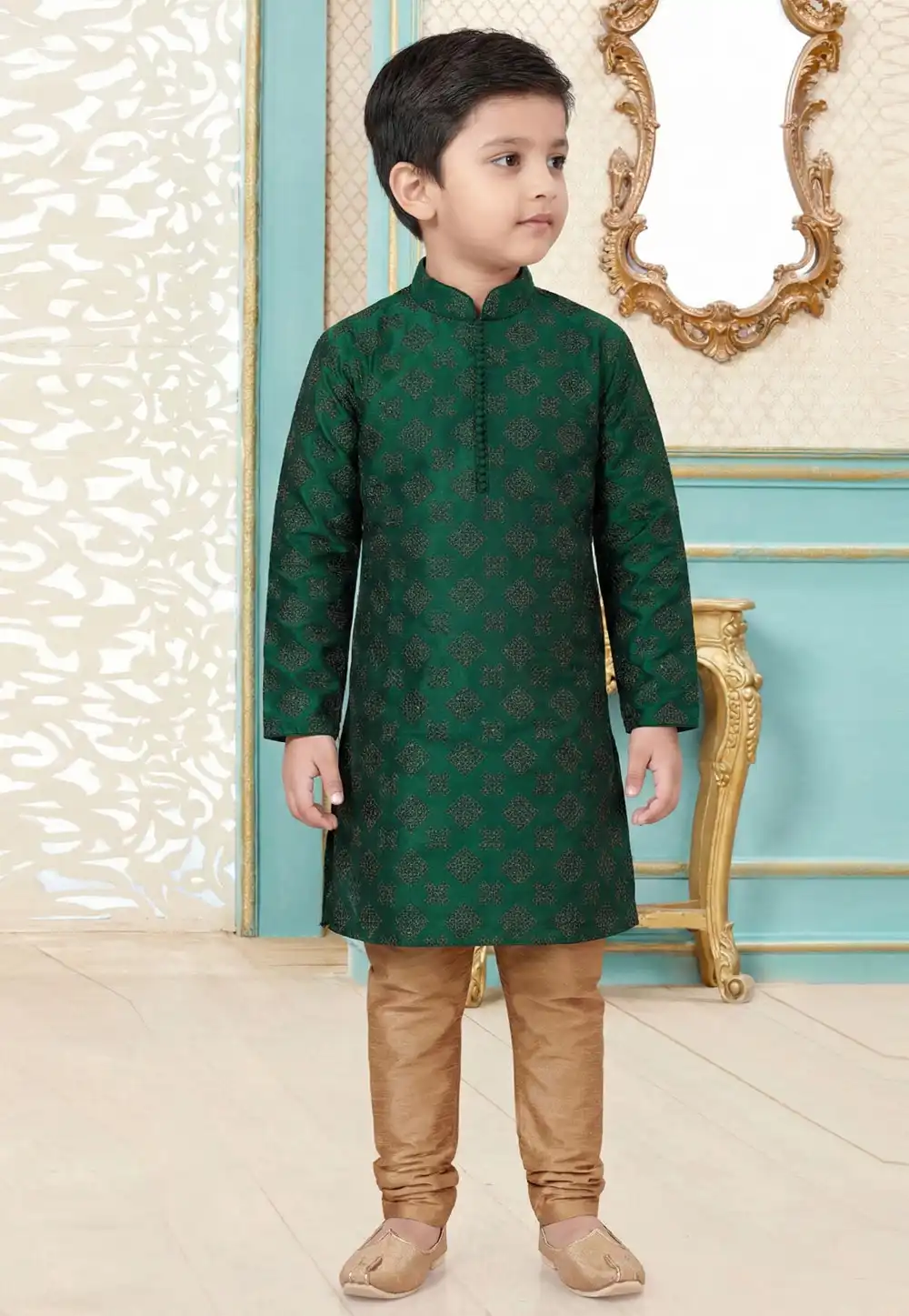 Green Dupion Silk Kids Kurta Pajama 323166