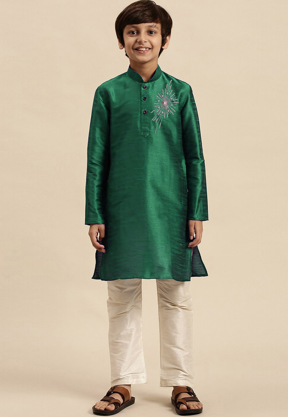 Green Dupion Silk Kids Kurta Pajama 316893