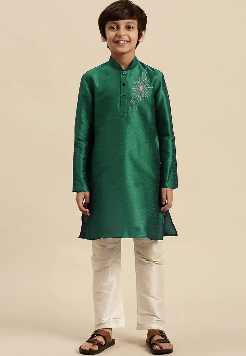 Green Dupion Silk Kids Kurta Pajama 316893