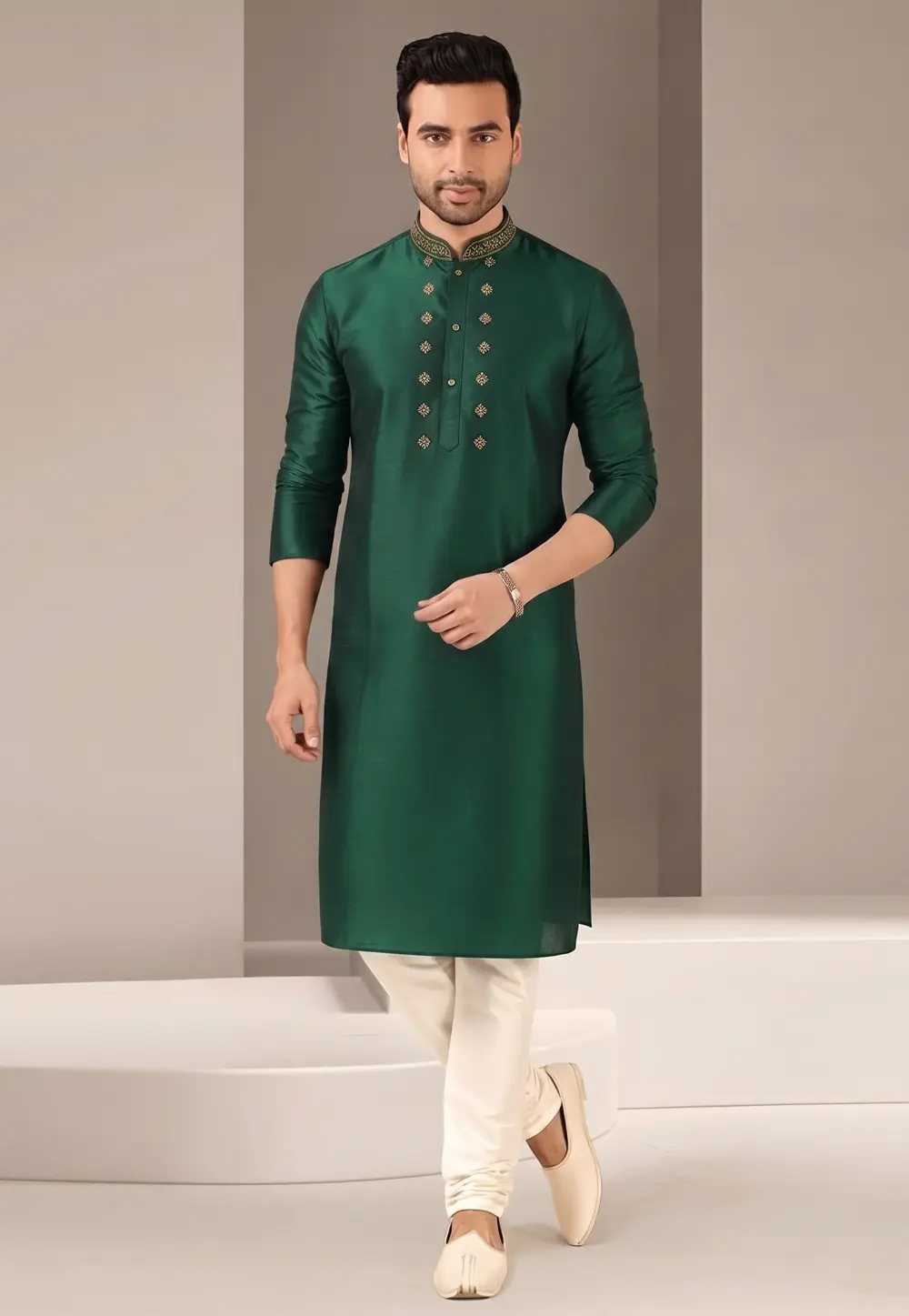 Green Dupion Silk Kurta Pajama 331949