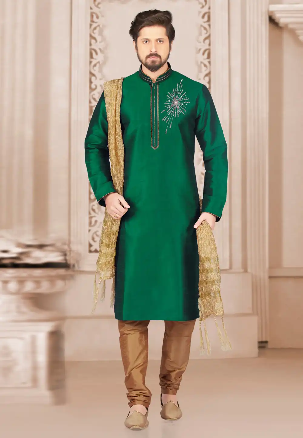 Green Dupion Silk Kurta Pajama 311873
