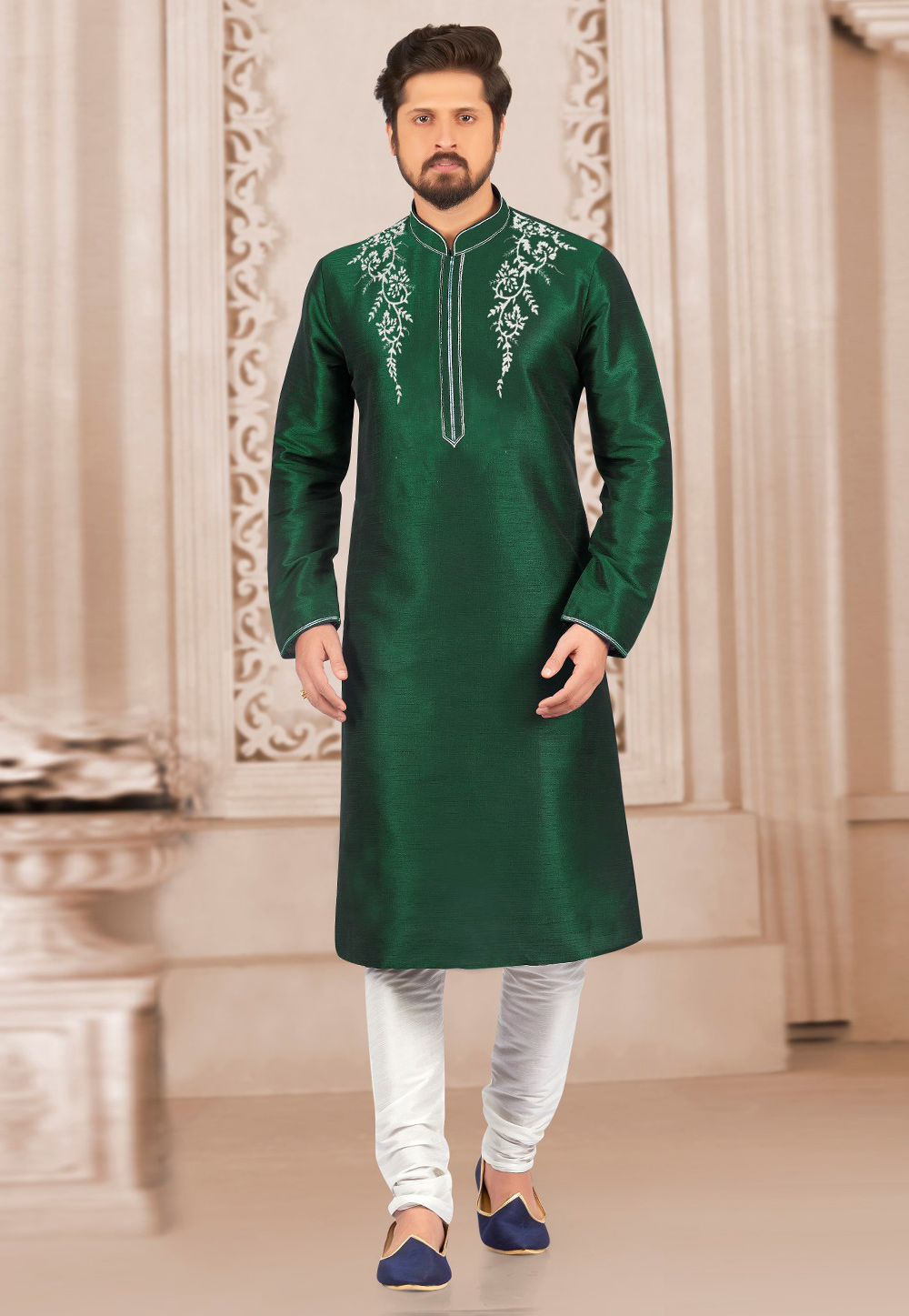 Green Dupion Silk Kurta Pajama 311889