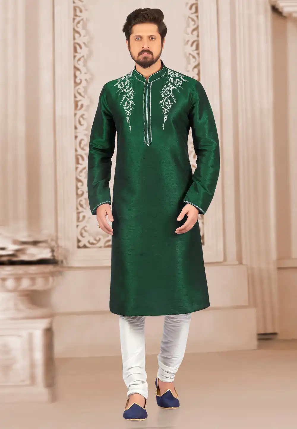 Green Dupion Silk Kurta Pajama 311889