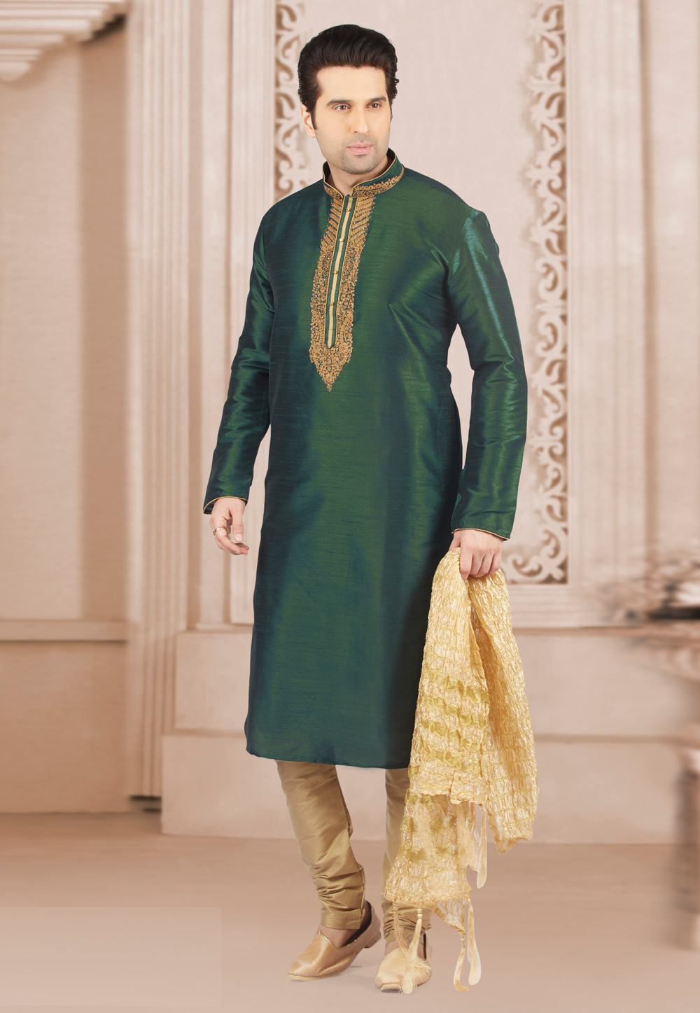 Green Dupion Silk Kurta Pajama 279691