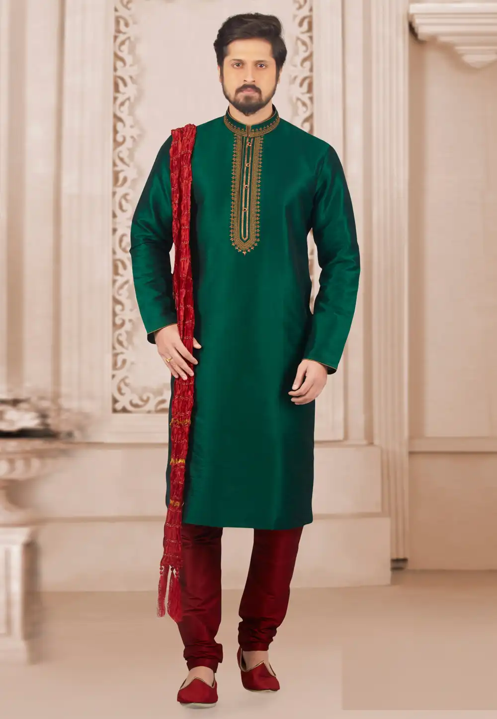 Green Dupion Silk Kurta Pajama 279418