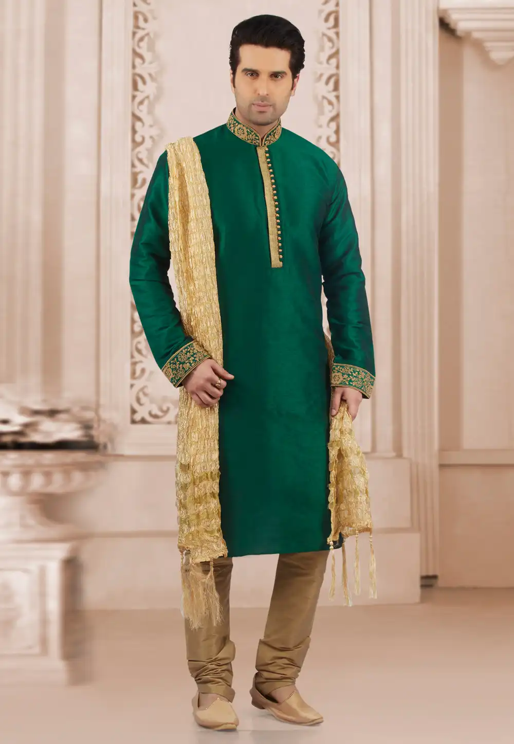 Green Dupion Silk Kurta Pajama 279431