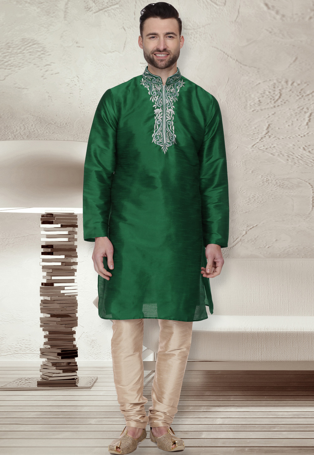 Green Dupion Silk Kurta Pajama 279436