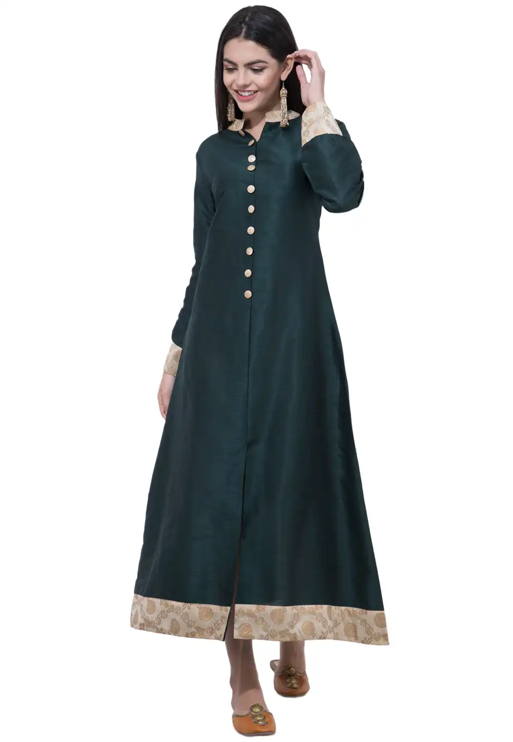 Green Dupion Silk Readymade Anarkali Suit 322168
