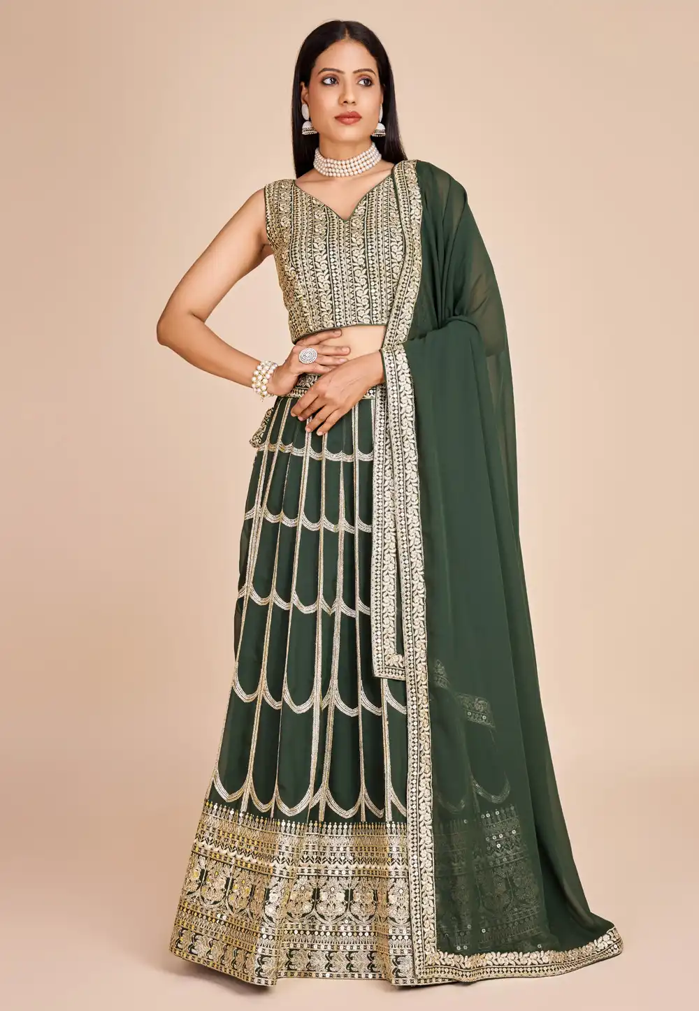 Green Faux Georgette A Line Lehenga Choli 288145