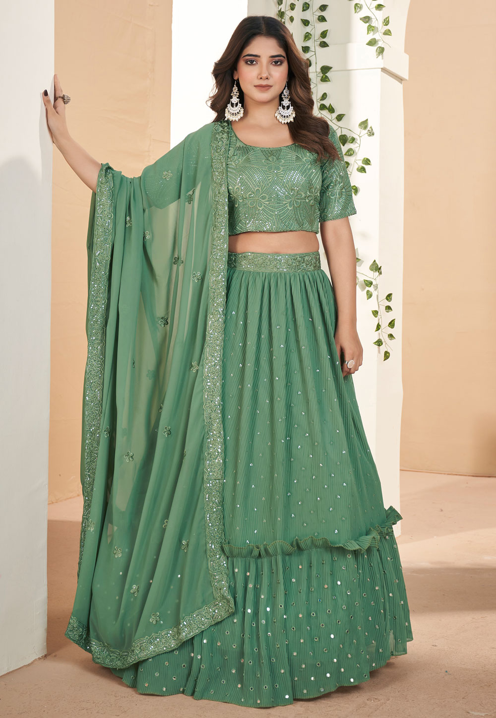 Green Faux Georgette Circular Lehenga Choli 281897