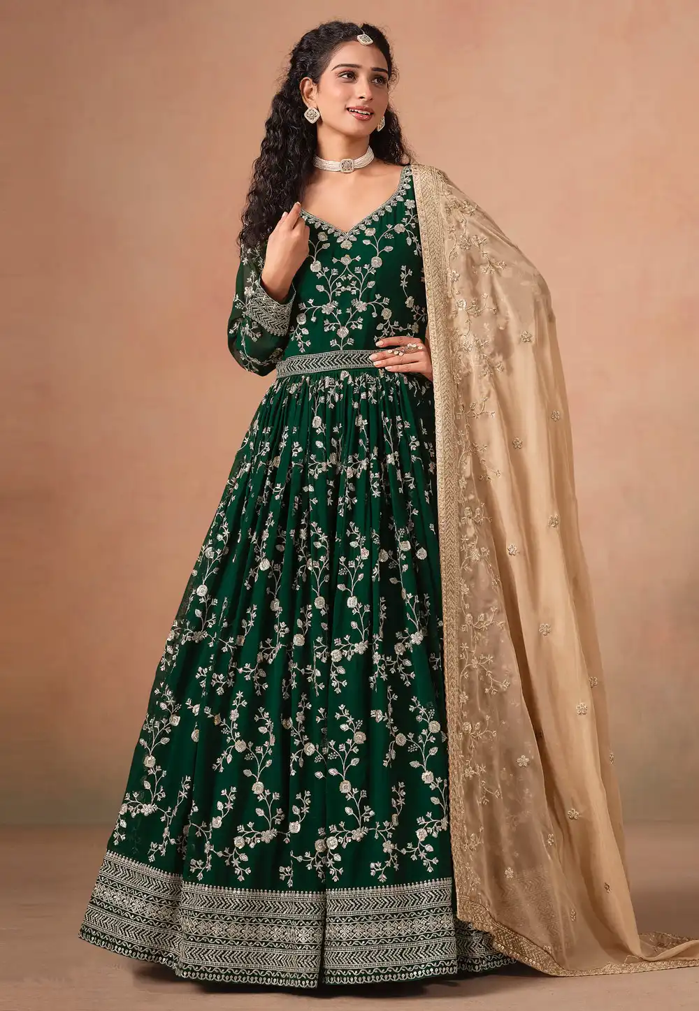 Green Faux Georgette Embroidered Anarkali Suit 315856