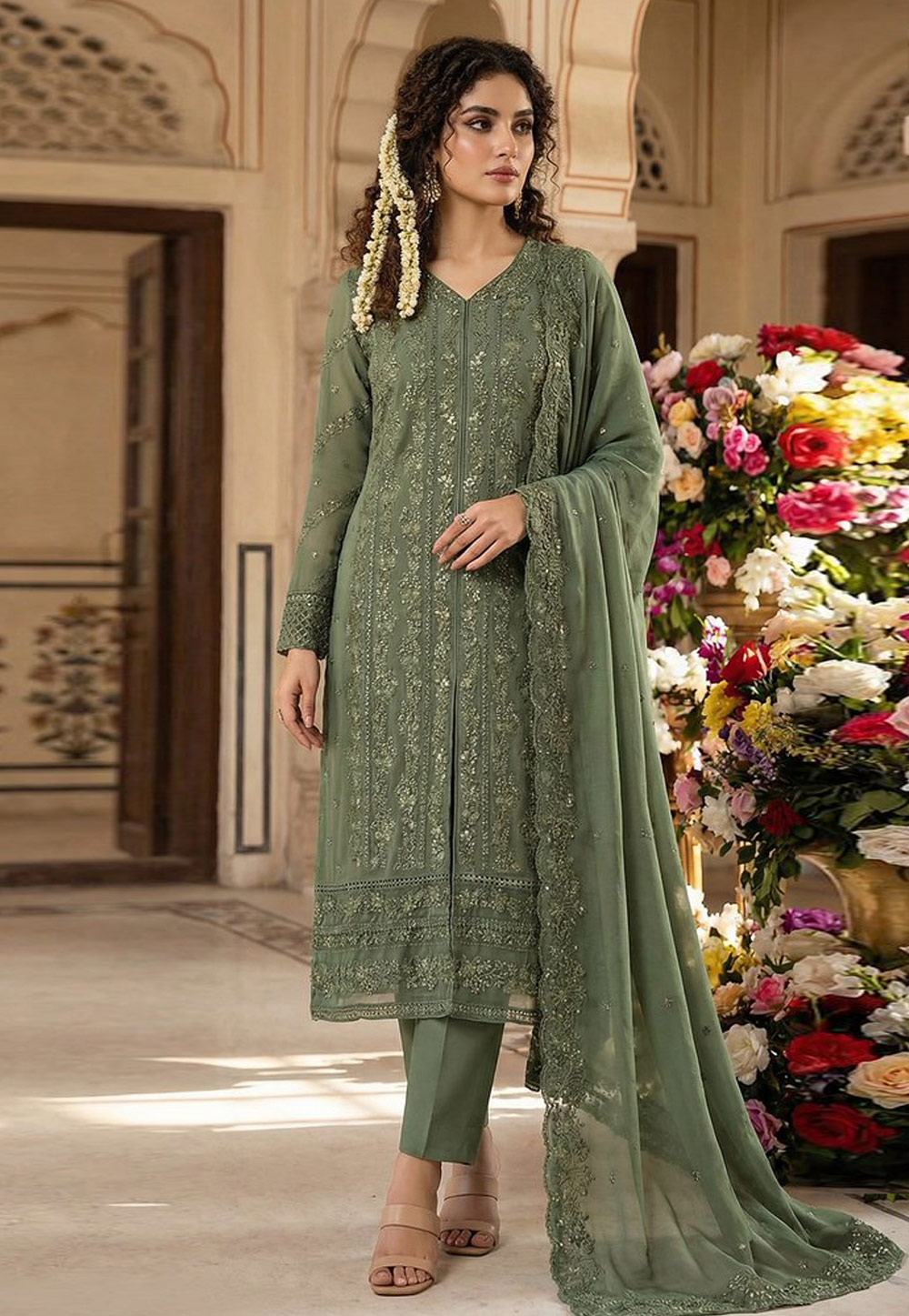 Green Faux Georgette Embroidered Straight Suit 326986