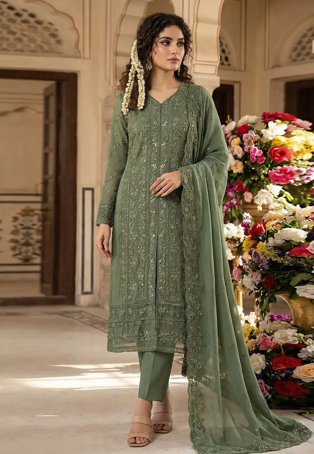 Green Faux Georgette Embroidered Straight Suit 326986