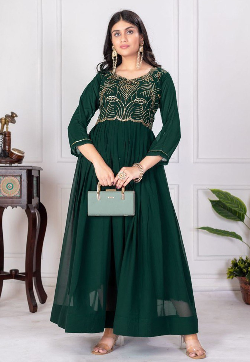 Green Faux Georgette Gown 312046