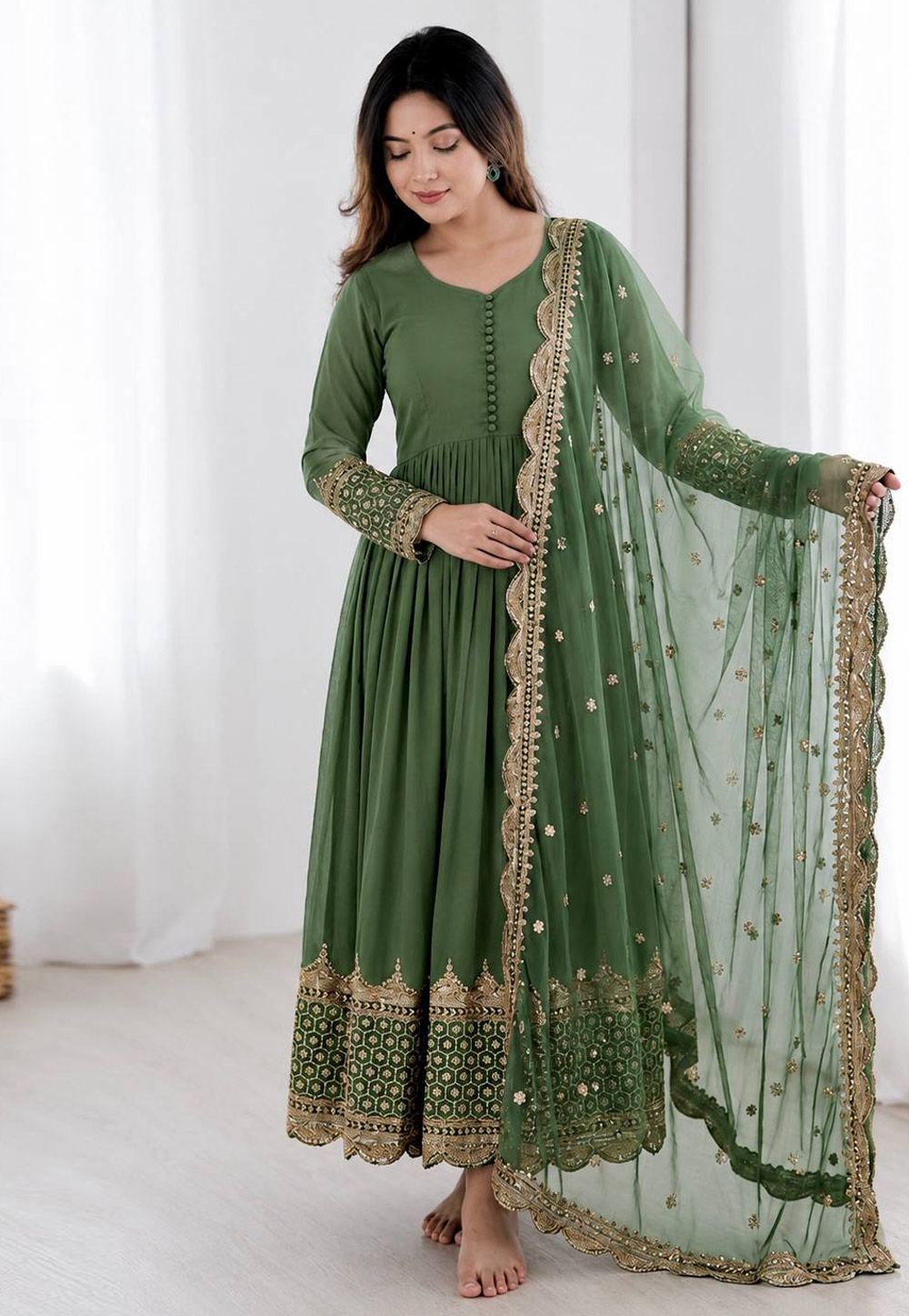 Green Faux Georgette Long Anarkali Suit 328953