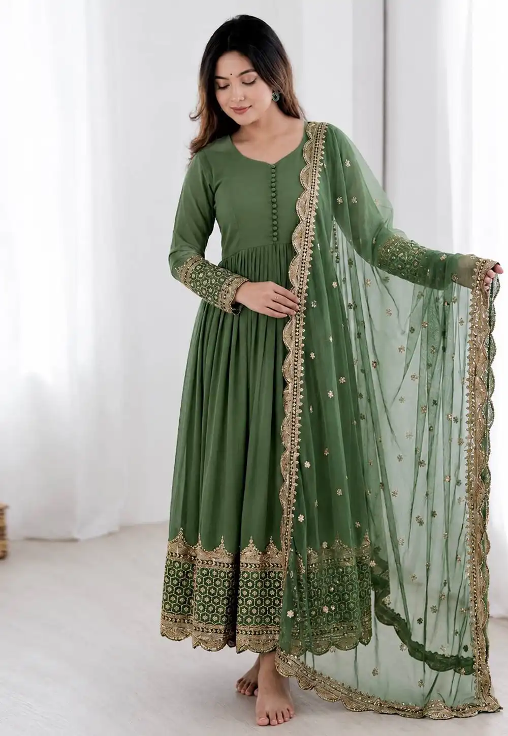 Green Faux Georgette Long Anarkali Suit 328953