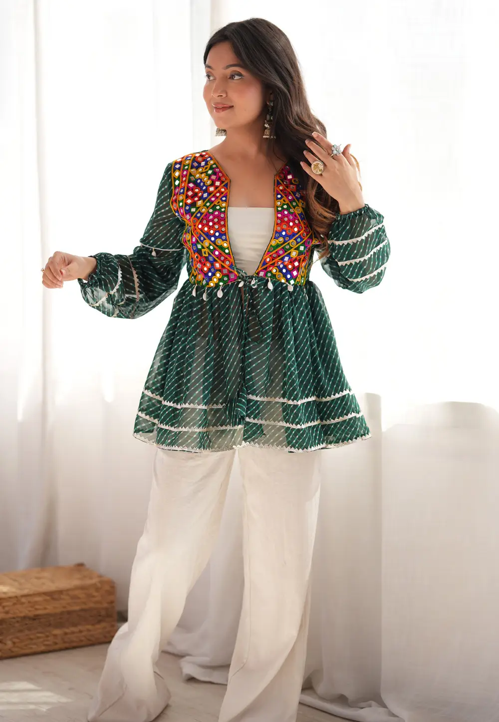Green Faux Georgette Navratri Kediya Top 335383