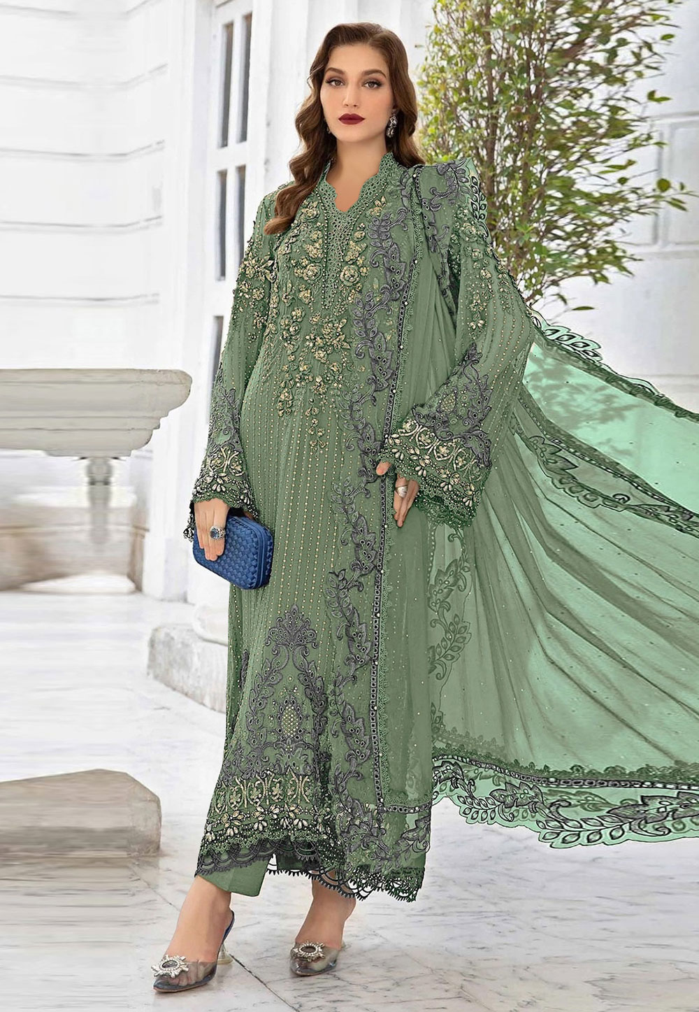 Green Faux Georgette Pant Style Suit 320406